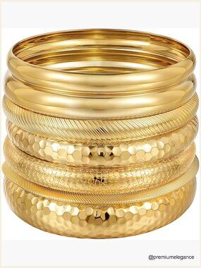 7Pcs Stackable Bangle Bracelets Set, 14K Gold Plated Brass, Boho Textured